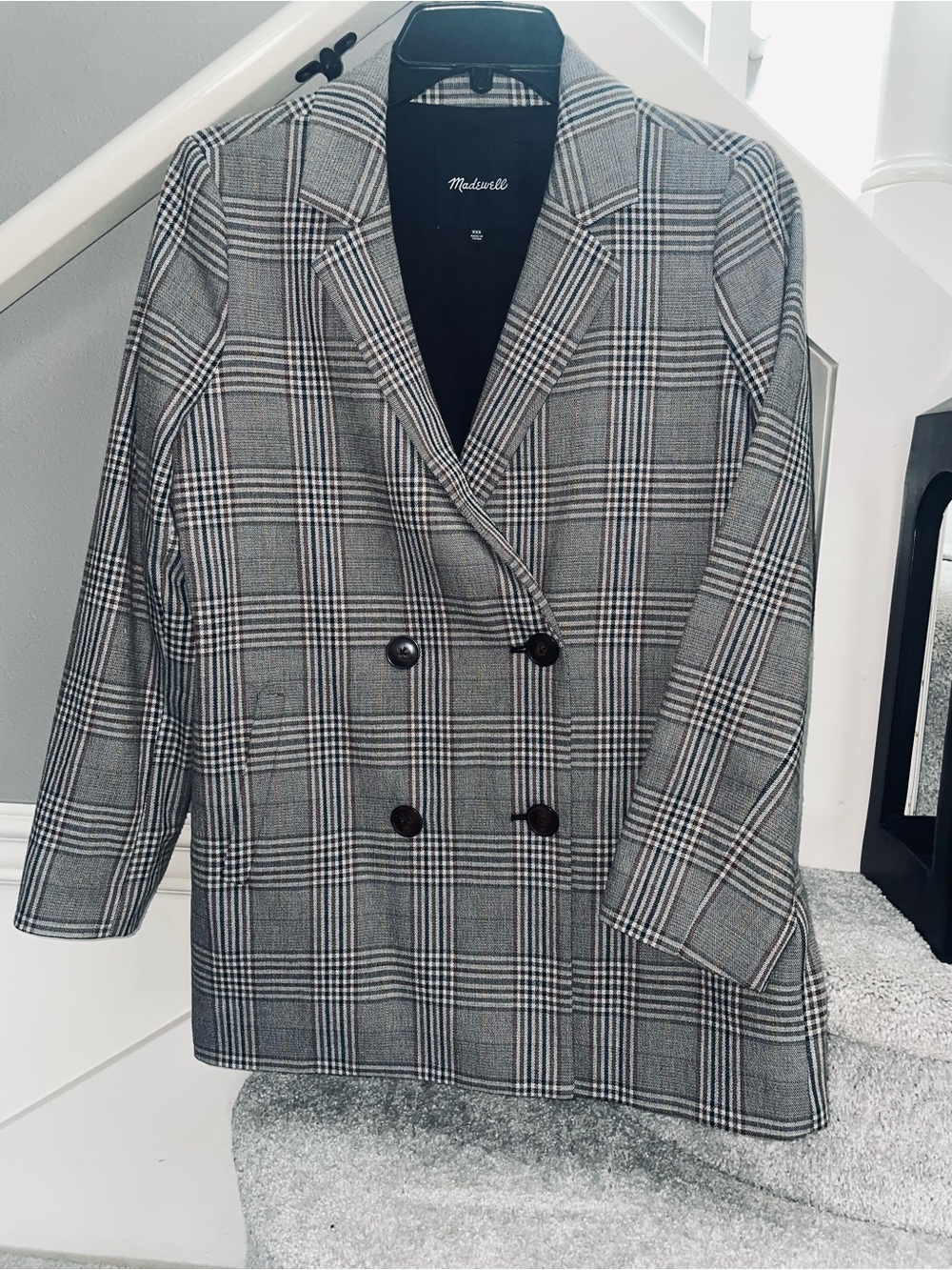 Madewell Black & Gray Glen Plaid Double-Breasted Blazer